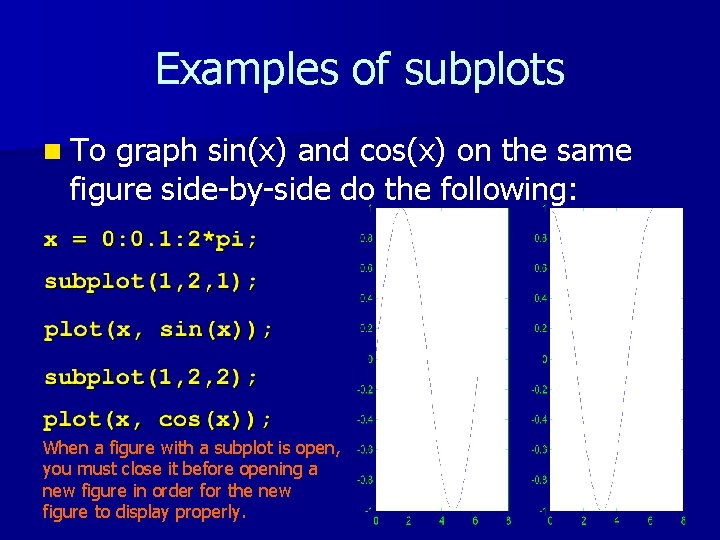 Examples of subplots n To graph sin(x) and cos(x) on the same figure side-by-side Examples of subplots n To graph sin(x) and cos(x) on the same figure side-by-side