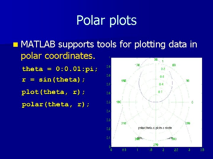 Polar plots n MATLAB supports tools for plotting data in polar coordinates. Polar plots n MATLAB supports tools for plotting data in polar coordinates.