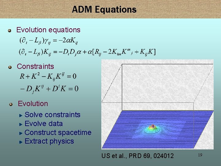 ADM Equations Evolution equations Constraints Evolution Solve constraints Evolve data Construct spacetime Extract physics