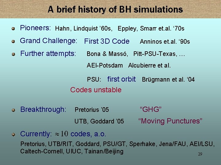 A brief history of BH simulations Pioneers: Hahn, Lindquist ’ 60 s, Eppley, Smarr