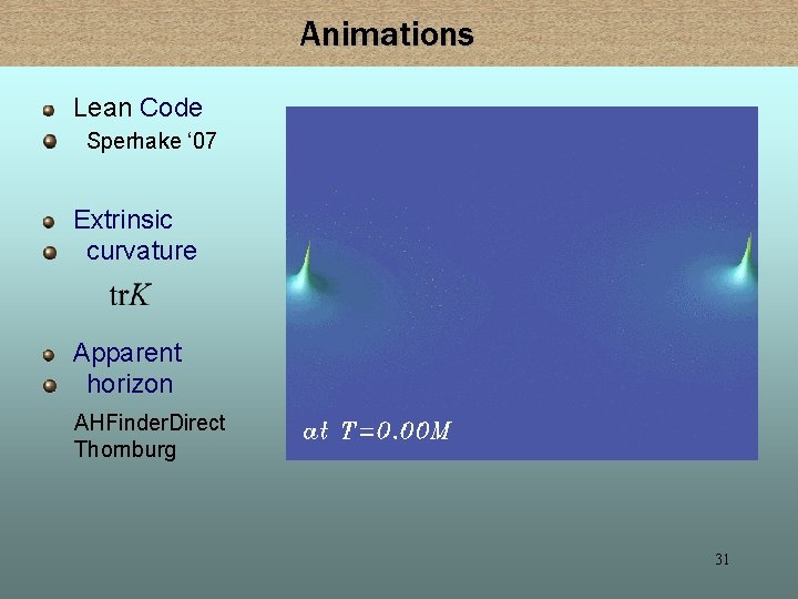 Animations Lean Code Sperhake ‘ 07 Extrinsic curvature Apparent horizon AHFinder. Direct Thornburg 31