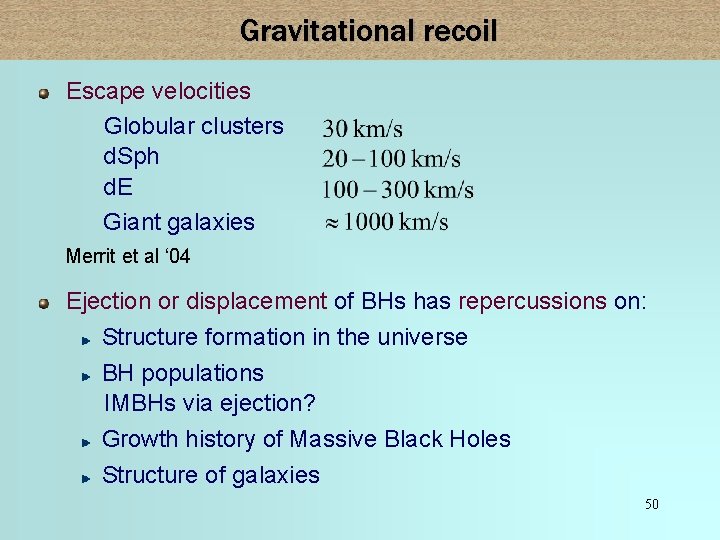 Gravitational recoil Escape velocities Globular clusters d. Sph d. E Giant galaxies Merrit et