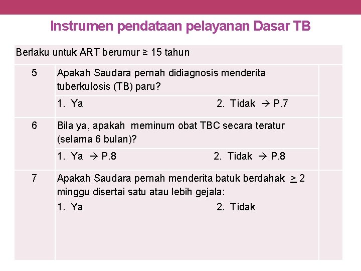 Instrumen pendataan pelayanan Dasar TB Berlaku untuk ART berumur ≥ 15 tahun 5 Apakah