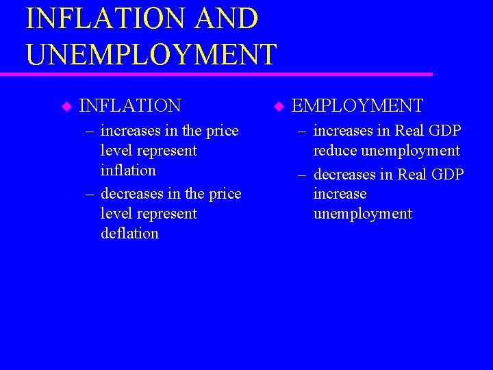 INFLATION AND UNEMPLOYMENT u INFLATION – increases in the price level represent inflation –