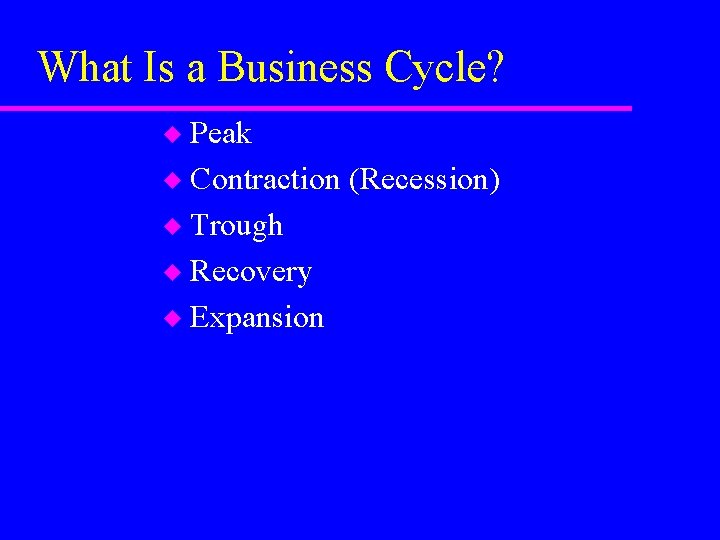 What Is a Business Cycle? Peak u Contraction (Recession) u Trough u Recovery u