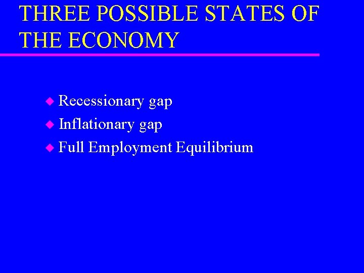 THREE POSSIBLE STATES OF THE ECONOMY Recessionary gap u Inflationary gap u Full Employment