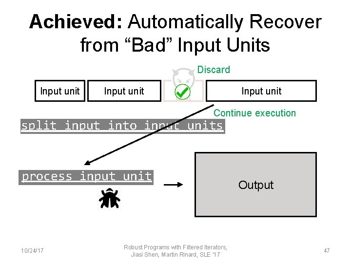 Achieved: Automatically Recover from “Bad” Input Units Discard Input unit Continue execution split input