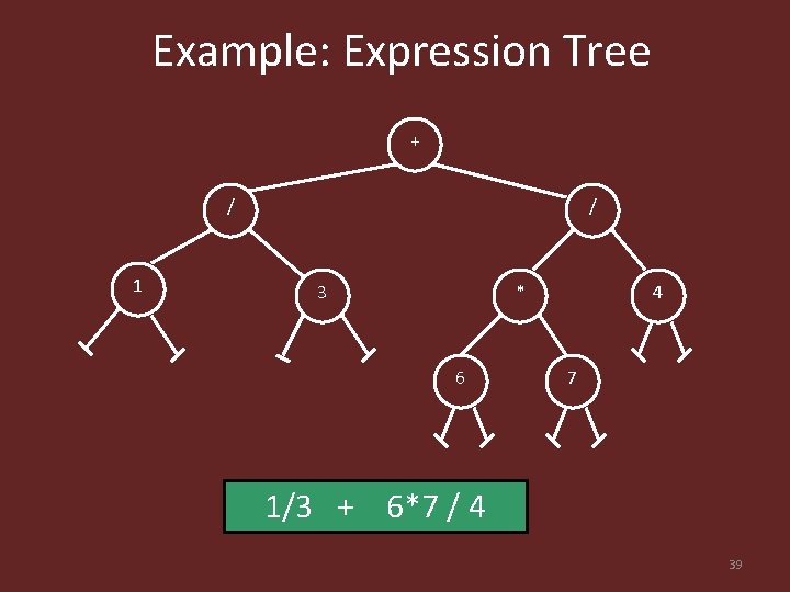 Example: Expression Tree + / 1 / 3 * 6 4 7 1/3 +