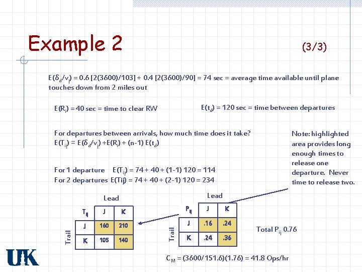 Example 2 (3/3) E(δd/vj) = 0. 6 [2(3600)/103] + 0. 4 [2(3600)/90] = 74