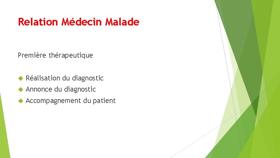 Relation Médecin Malade Première thérapeutique Réalisation du diagnostic Annonce du diagnostic Accompagnement du patient