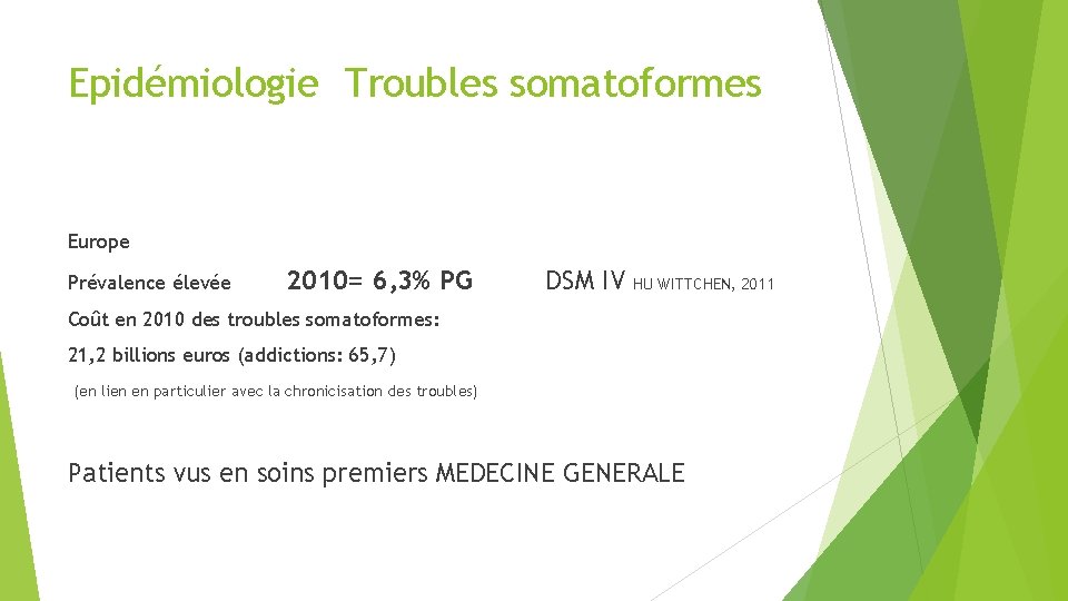Epidémiologie Troubles somatoformes Europe Prévalence élevée 2010= 6, 3% PG DSM IV HU WITTCHEN,