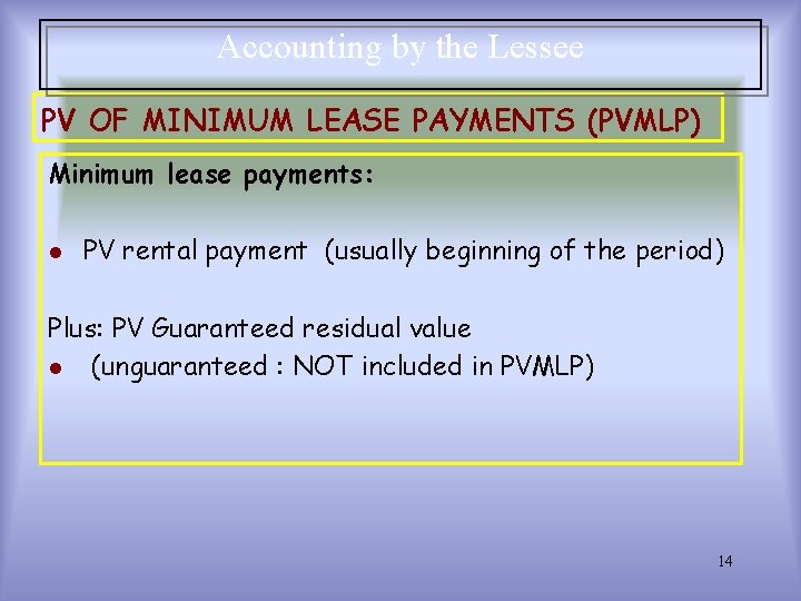Accounting by the Lessee PV OF MINIMUM LEASE PAYMENTS (PVMLP) Minimum lease payments: l