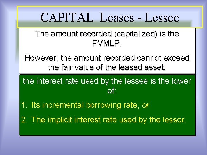 CAPITAL Leases - Lessee The amount recorded (capitalized) is the PVMLP. However, the amount