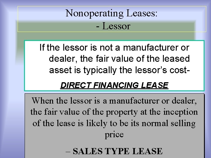 Nonoperating Leases: - Lessor If the lessor is not a manufacturer or dealer, the