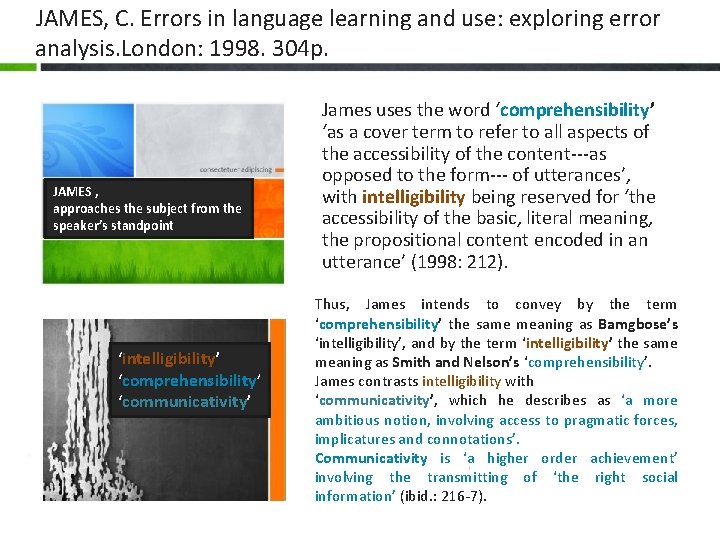 JAMES, C. Errors in language learning and use: exploring error analysis. London: 1998. 304 JAMES, C. Errors in language learning and use: exploring error analysis. London: 1998. 304