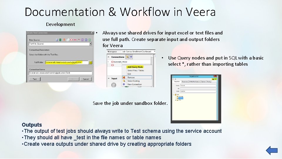 Documentation & Workflow in Veera Development • Always use shared drives for input excel Documentation & Workflow in Veera Development • Always use shared drives for input excel