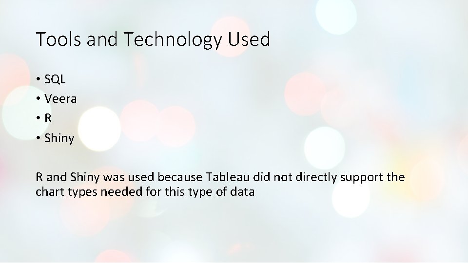 Tools and Technology Used • SQL • Veera • R • Shiny R and Tools and Technology Used • SQL • Veera • R • Shiny R and