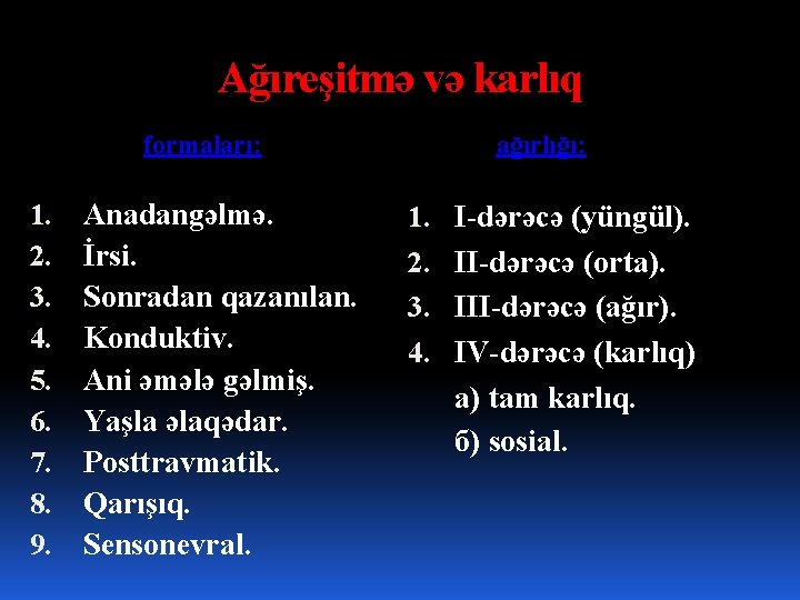 Ağıreşitmə və karlıq formaları: 1. 2. 3. 4. 5. 6. 7. 8. 9. Anadangəlmə.