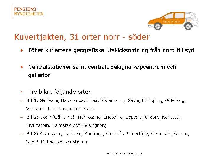 Kuvertjakten, 31 orter norr - söder • Följer kuvertens geografiska utskicksordning från nord till