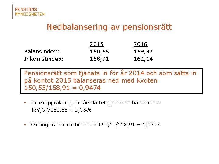 Nedbalansering av pensionsrätt Balansindex: Inkomstindex: 2015 150, 55 158, 91 2016 159, 37 162,