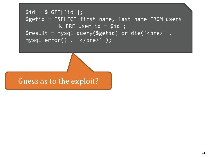 $id = $_GET['id']; $getid = "SELECT first_name, last_name FROM users WHERE user_id = $id";