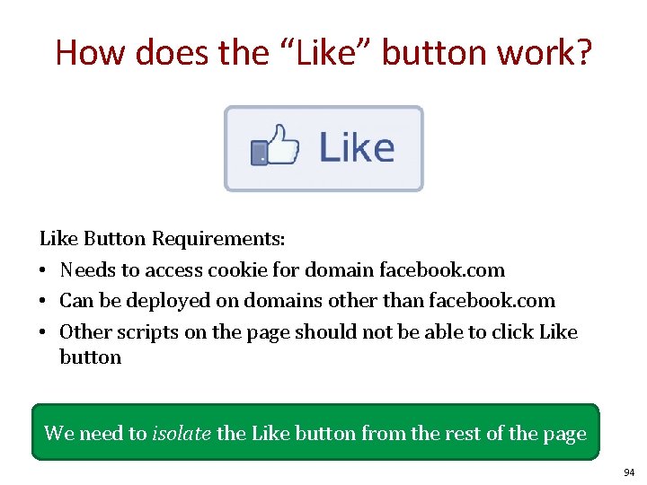 How does the “Like” button work? Like Button Requirements: • Needs to access cookie