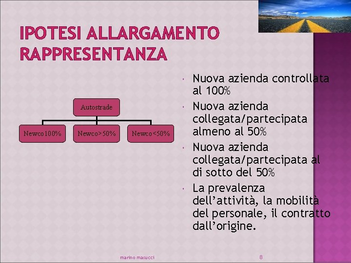 IPOTESI ALLARGAMENTO RAPPRESENTANZA Autostrade Newco 100% Newco>50% Newco<50% marino masucci Nuova azienda controllata al