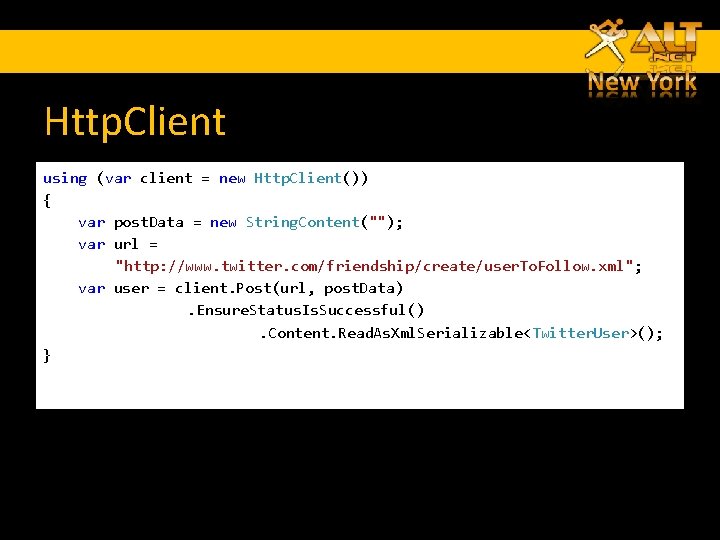 Http. Client using (var client = new Http. Client()) { var post. Data =