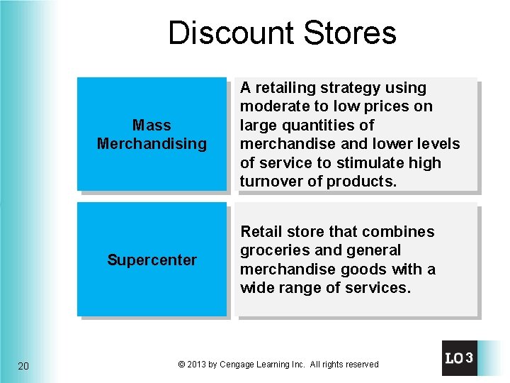 Discount Stores Mass Merchandising Supercenter 20 A retailing strategy using moderate to low prices