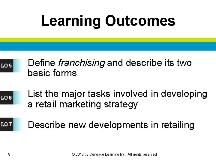 Learning Outcomes 5 Define franchising and describe its two basic forms 6 List the