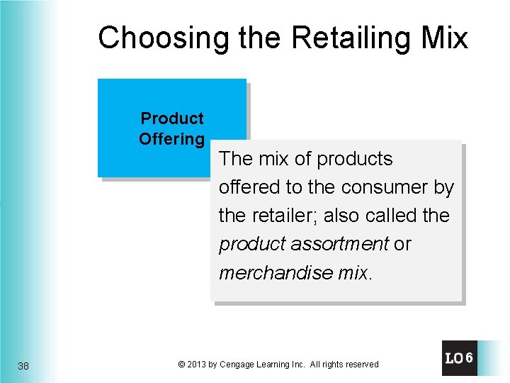 Choosing the Retailing Mix Product Offering 38 The mix of products offered to the