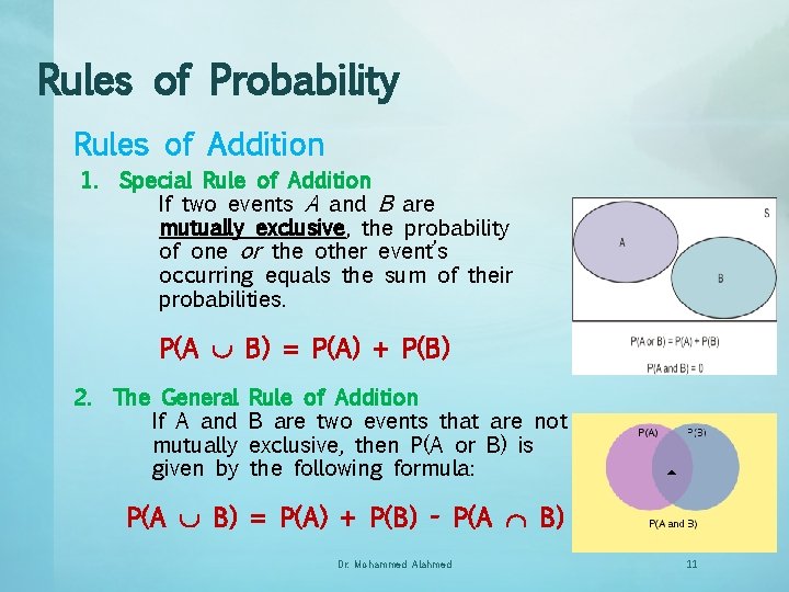 Rules of Probability Rules of Addition 1. Special Rule of Addition If two events
