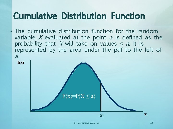 Cumulative Distribution Function • The cumulative distribution function for the random variable X evaluated