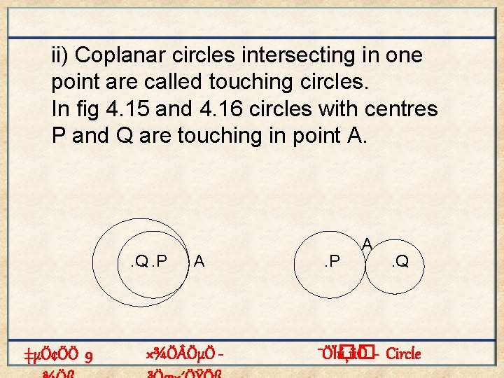 ii) Coplanar circles intersecting in one point are called touching circles. In fig 4.