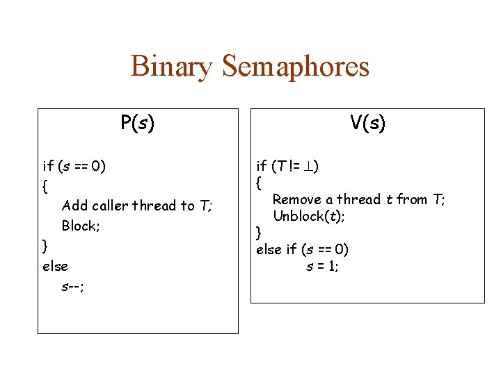 Binary Semaphores P(s) if (s == 0) { Add caller thread to T; Block;