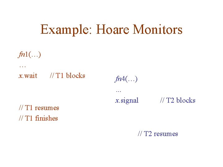 Example: Hoare Monitors fn 1(…) … x. wait // T 1 blocks // T