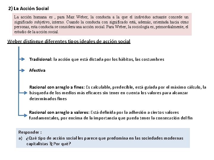 2) La Acción Social La acción humana es , para Max Weber, la conducta