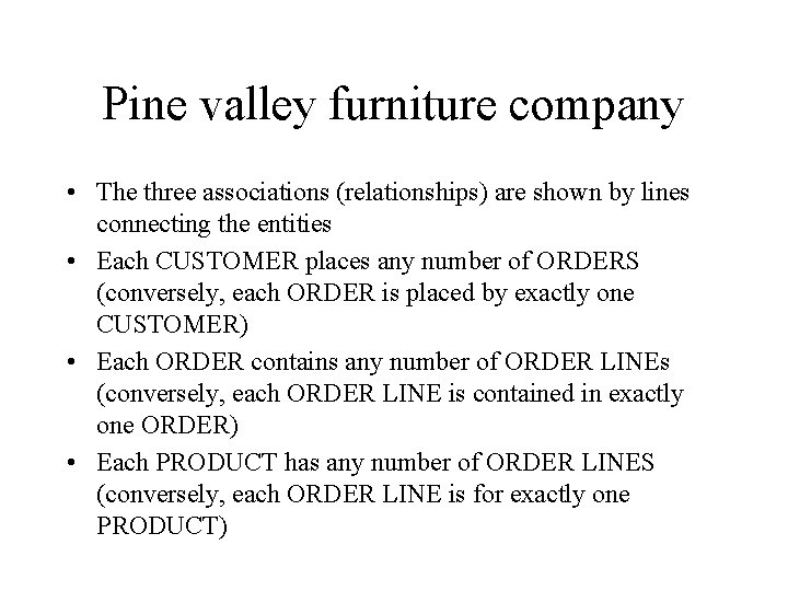 Pine valley furniture company • The three associations (relationships) are shown by lines connecting
