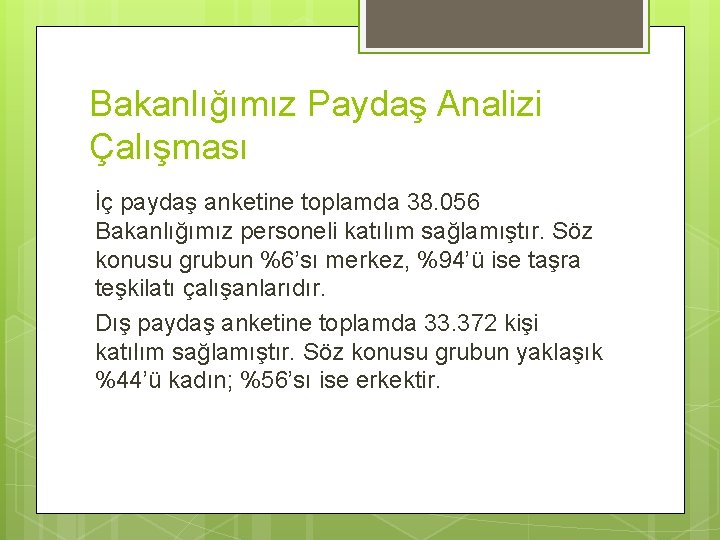 Bakanlığımız Paydaş Analizi Çalışması İç paydaş anketine toplamda 38. 056 Bakanlığımız personeli katılım sağlamıştır.