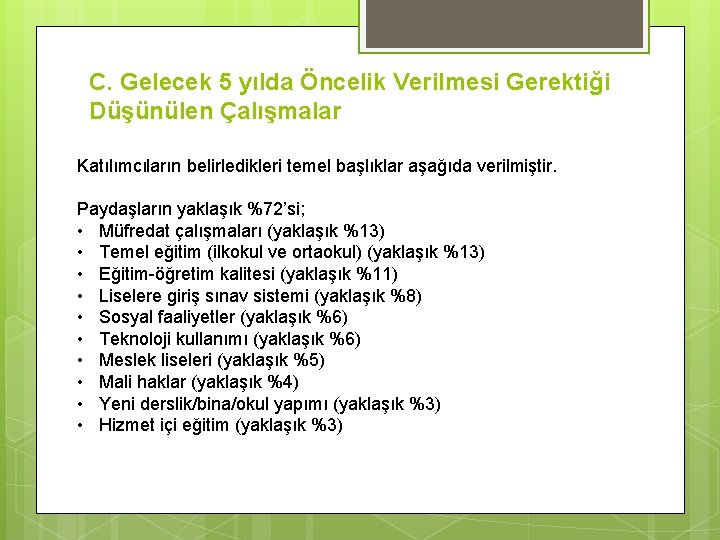 C. Gelecek 5 yılda Öncelik Verilmesi Gerektiği Düşünülen Çalışmalar Katılımcıların belirledikleri temel başlıklar aşağıda