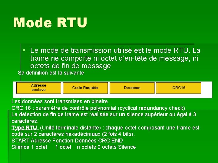 Mode RTU § Le mode de transmission utilisé est le mode RTU. La trame