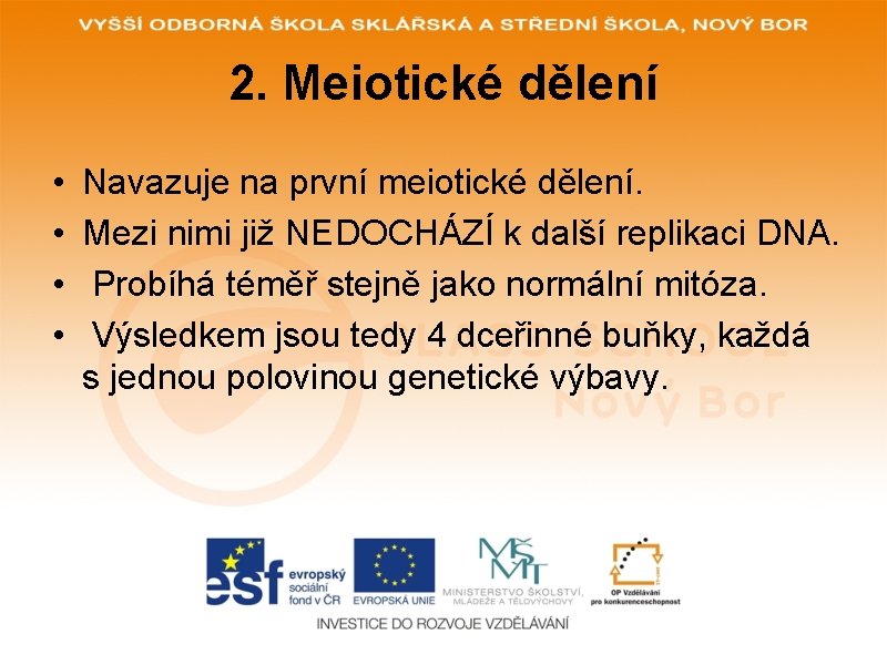 2. Meiotické dělení • • Navazuje na první meiotické dělení. Mezi nimi již NEDOCHÁZÍ