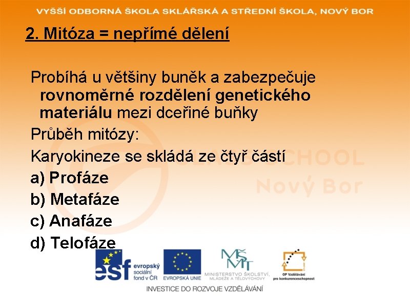 2. Mitóza = nepřímé dělení Probíhá u většiny buněk a zabezpečuje rovnoměrné rozdělení genetického