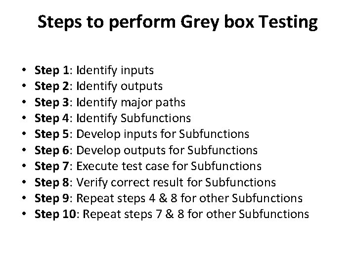 Steps to perform Grey box Testing • • • Step 1: Identify inputs Step