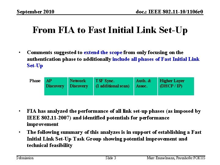 September 2010 doc. : IEEE 802. 11 -10/1106 r 0 From FIA to Fast