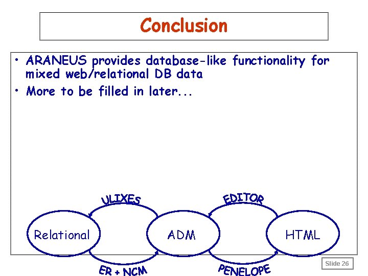 Conclusion • ARANEUS provides database-like functionality for mixed web/relational DB data • More to
