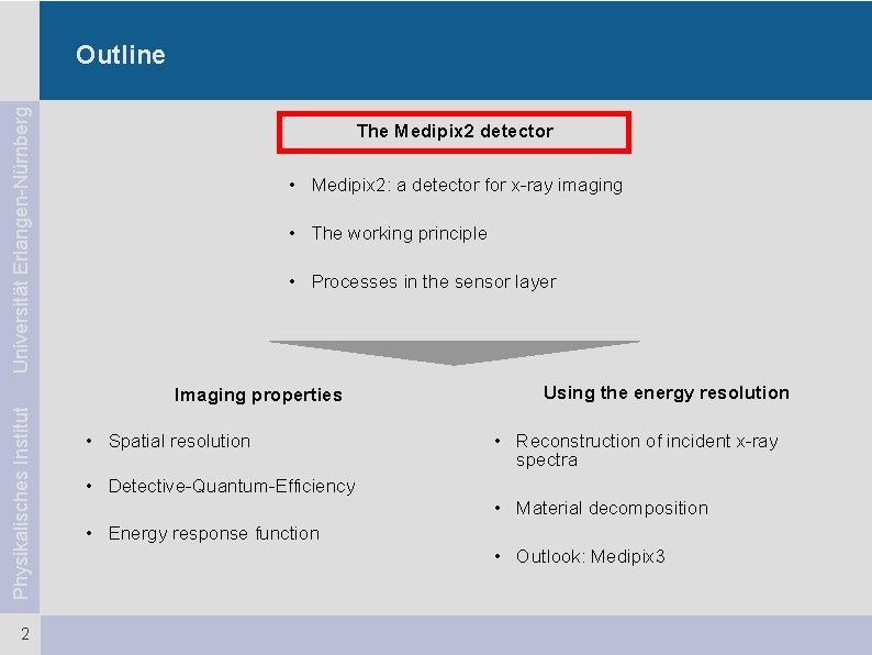 Universität Erlangen-Nürnberg Outline The Medipix 2 detector • Medipix 2: a detector for x-ray