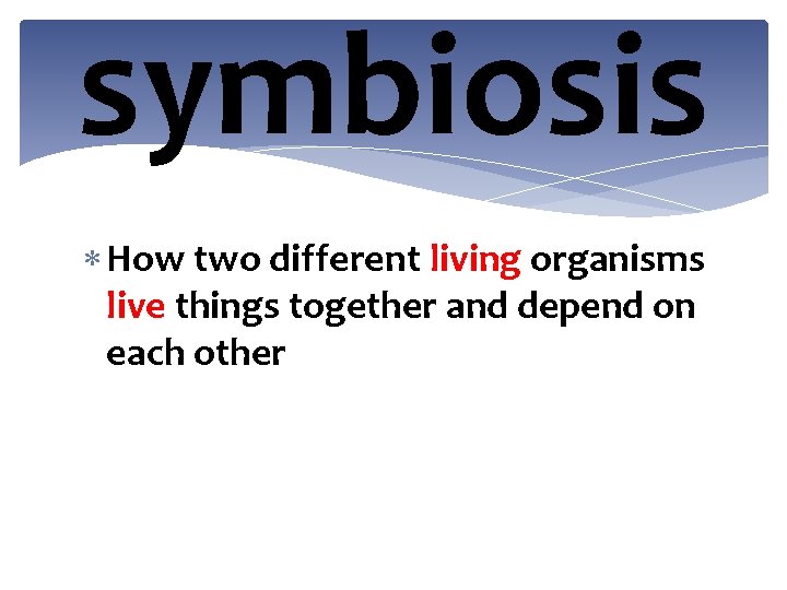 symbiosis How two different living organisms live things together and depend on each other