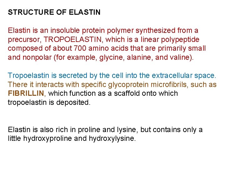 STRUCTURE OF ELASTIN Elastin is an insoluble protein polymer synthesized from a precursor, TROPOELASTIN,