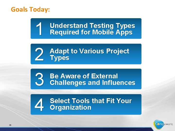 Goals Today: 1 2 3 4 15 Understand Testing Types Required for Mobile Apps